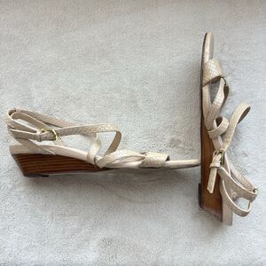Cole Haan Tan Snakeskin Leather Low Wedge Heel Strappy Sandal Women 8 B Casual